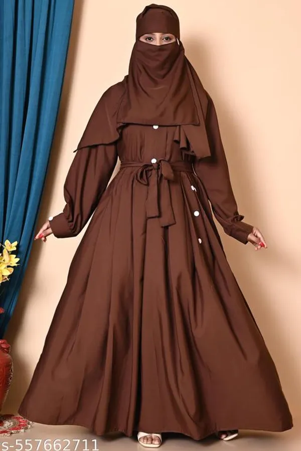 Brown_Dubai_Styles_Burqua_Plating_Abaya_Full_Set_With_Dupatta_Nosepeice_And_Belt_For_Women