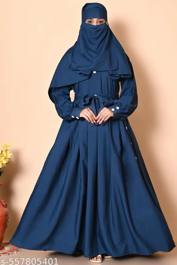 Navyblue_Teal_Colors_Dubai_Styles_Plating_Burqua_Abaya_With_Hijab_Nakab_Nosepeice_Include_Belt_For_Women