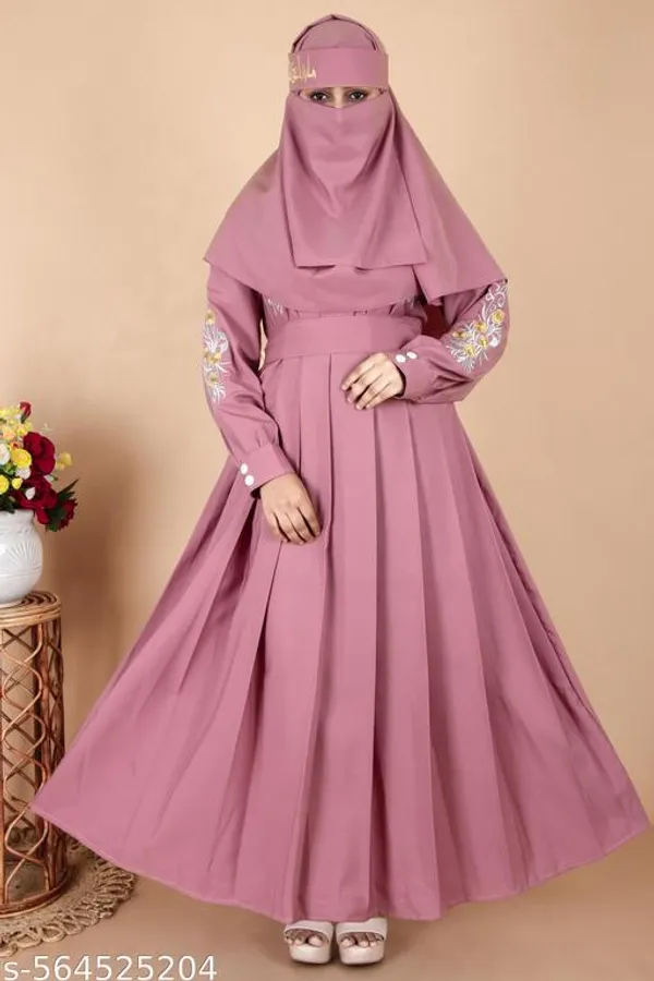 Peach_Modern_Pleated_Abaya_With_Gold_Floral_Embroidery_Dupatta_Nosepiece_And_Belt_Free_For_Women