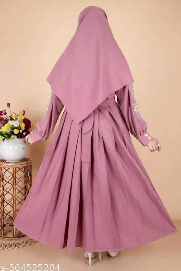 Peach_Modern_Pleated_Abaya_With_Gold_Floral_Embroidery_Dupatta_Nosepiece_And_Belt_Free_For_Women