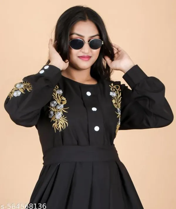 Black_Modern_Pleated_Abaya_With_Gold_Floral_Embroidery_Dupatta_Nosepiece_And_Belt_Free_For_Women