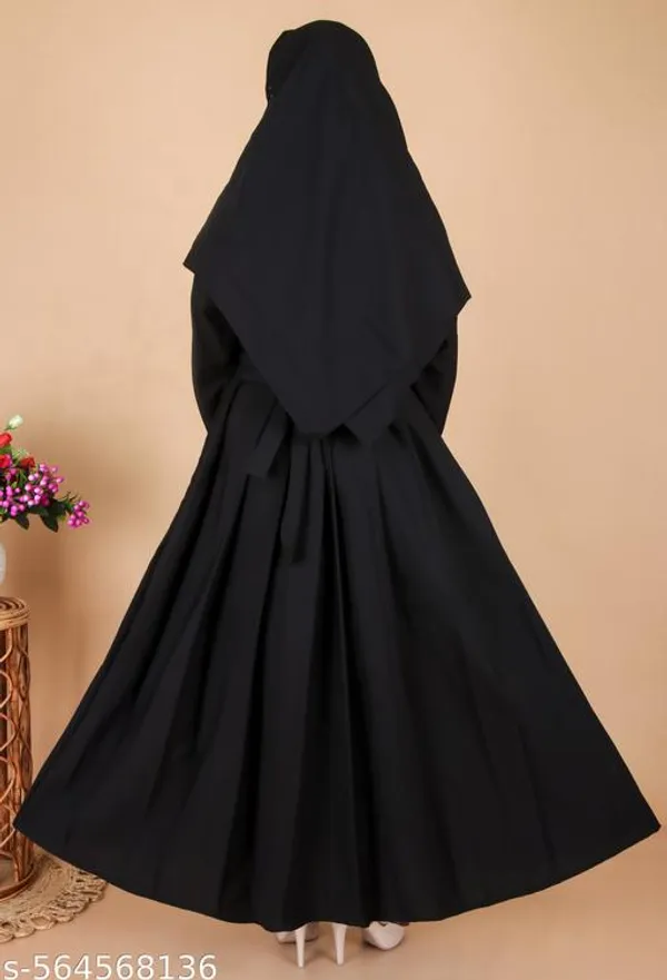 Black_Modern_Pleated_Abaya_With_Gold_Floral_Embroidery_Dupatta_Nosepiece_And_Belt_Free_For_Women