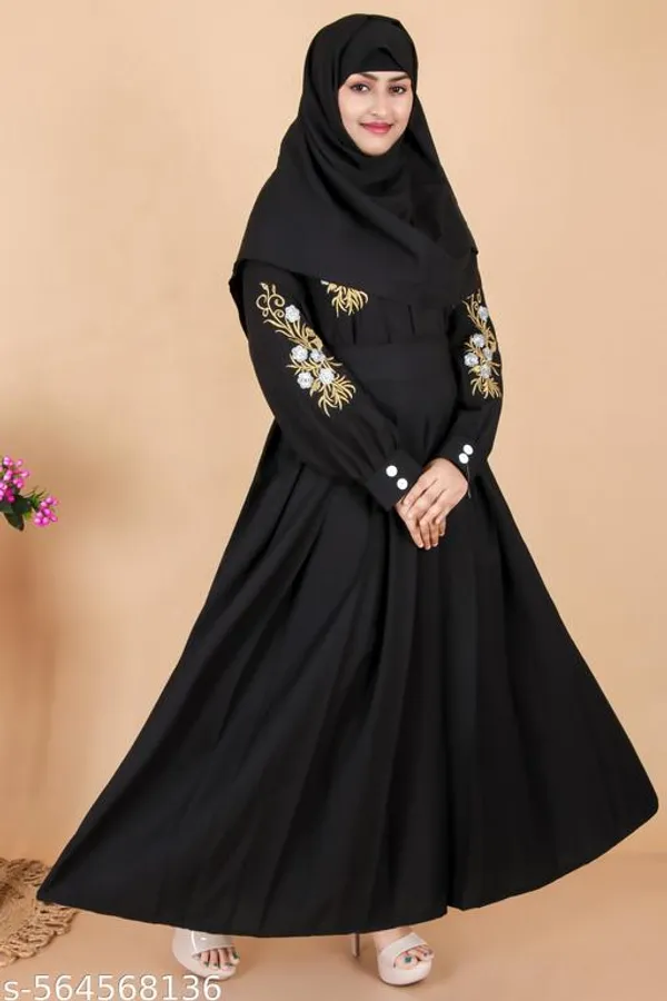 Black_Modern_Pleated_Abaya_With_Gold_Floral_Embroidery_Dupatta_Nosepiece_And_Belt_Free_For_Women