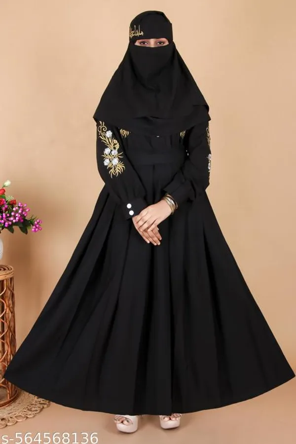 Black_Modern_Pleated_Abaya_With_Gold_Floral_Embroidery_Dupatta_Nosepiece_And_Belt_Free_For_Women