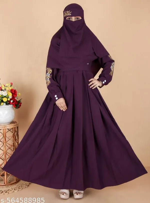 Purple_Modern_Pleated_Abaya_With_Gold_Floral_Embroidery_Dupatta_Nosepiece_And_Belt_Free_For_Women