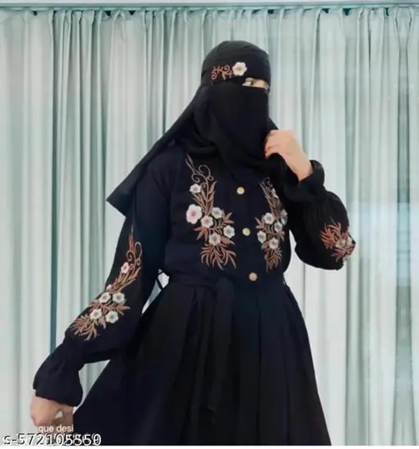 Black_Embroidery_Plating_Burqua_With_Dupatta_Belt_And_Nosepiece_Free_For_Women