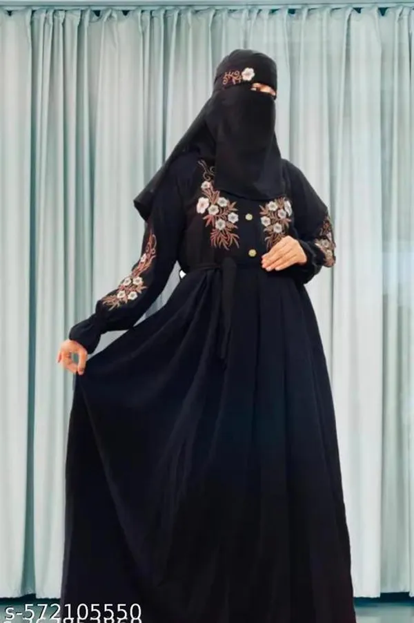 Black_Embroidery_Plating_Burqua_With_Dupatta_Belt_And_Nosepiece_Free_For_Women