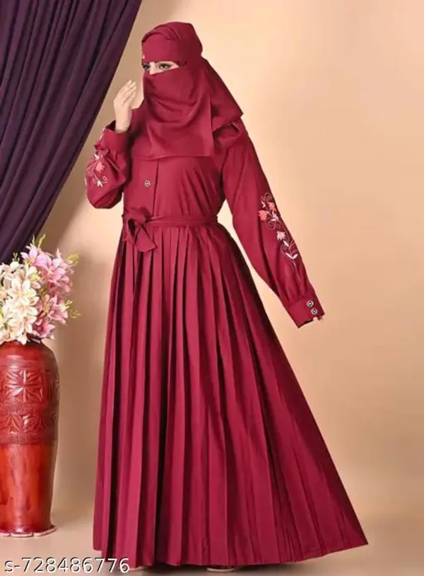 Maroon_Embroidery_Abaya_Full_Set_With_Hijab_Nosepeice_And_Belt_For_Women