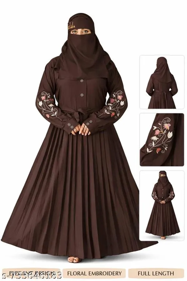 Brown_Color_Embroidery_Abaya_Full_Set_With_Free_Dupatta_Nosepiece_And_Belt_For_Women