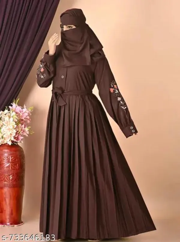 Brown_Color_Embroidery_Abaya_Full_Set_With_Free_Dupatta_Nosepiece_And_Belt_For_Women