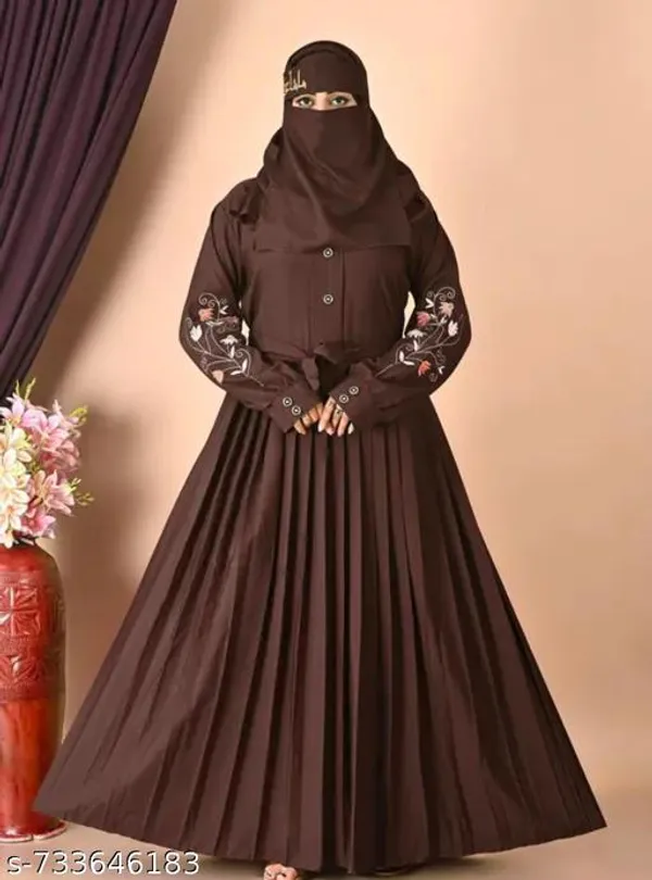Brown_Color_Embroidery_Abaya_Full_Set_With_Free_Dupatta_Nosepiece_And_Belt_For_Women