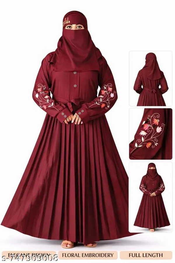 Maroon_Embroidery_Abaya_Full_Set_With_Free_Dupatta_Nosepiece_And_Belt_For_Women