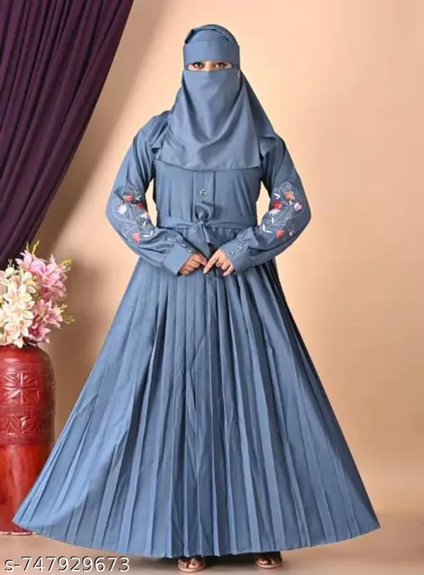 Blue_Grey_Color_Embroidery_Abaya_Full_Set_With_Free_Dupatta_Nosepiece_And_Belt_For_Women