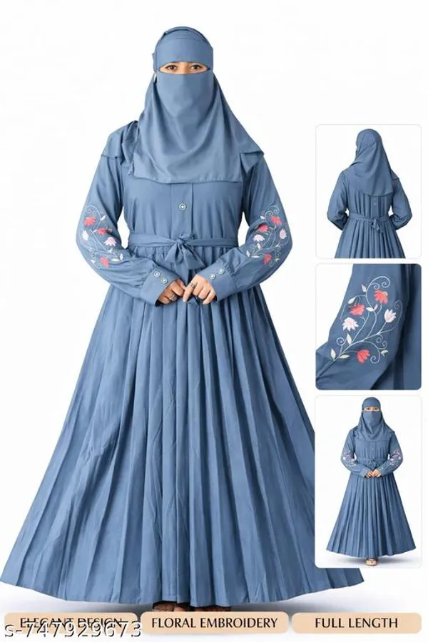 Blue_Grey_Color_Embroidery_Abaya_Full_Set_With_Free_Dupatta_Nosepiece_And_Belt_For_Women