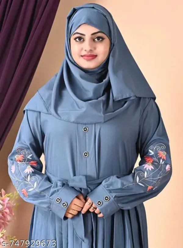 Blue_Grey_Color_Embroidery_Abaya_Full_Set_With_Free_Dupatta_Nosepiece_And_Belt_For_Women