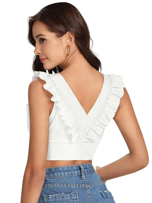 White_Spandex_Regular_Fit_Sleeveless_V-Neck_Top_For_Women