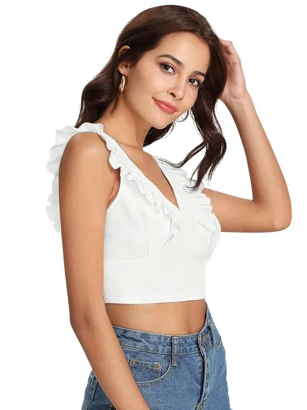 White_Spandex_Regular_Fit_Sleeveless_V-Neck_Top_For_Women