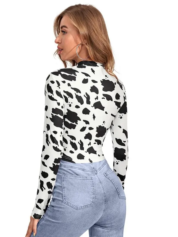 White_Spandex_Regular_Fit_Western_Long_Sleeve_Mock_Neck_Top_For_Women