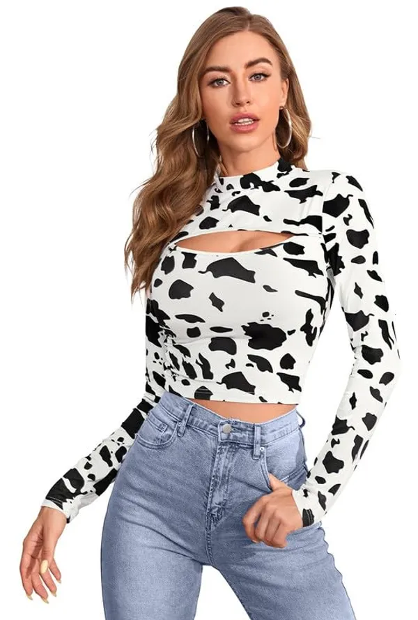 White_Spandex_Regular_Fit_Western_Long_Sleeve_Mock_Neck_Top_For_Women