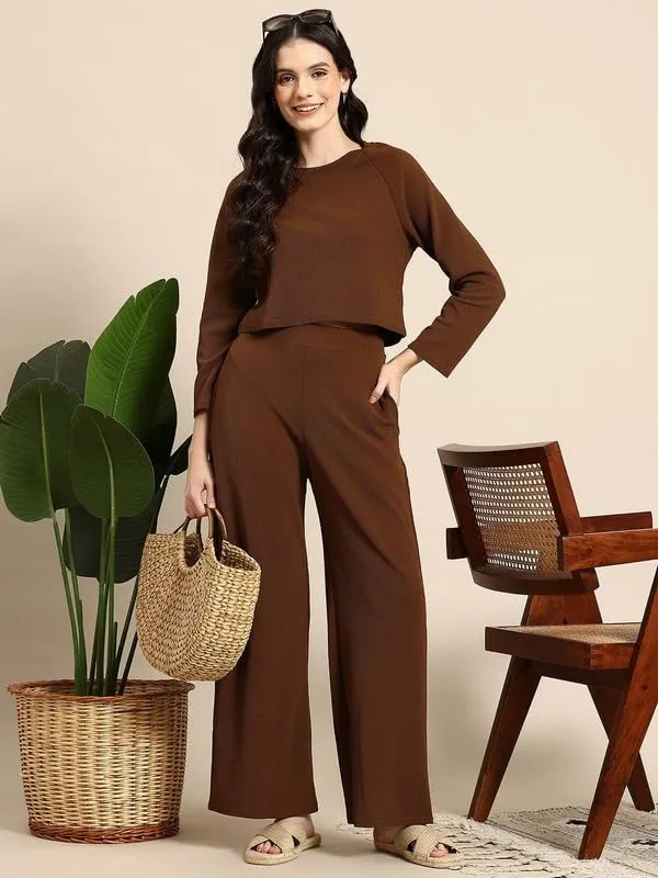 Brown_Polyester_Relaxed_Tunic_Long_Sleeve_Top_And_Pant_For_Women