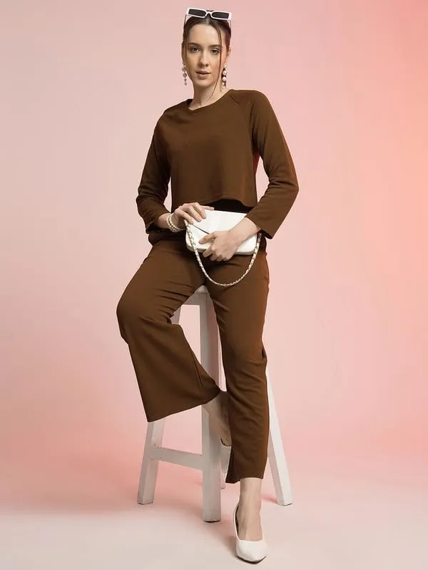 Brown_Polyester_Relaxed_Tunic_Long_Sleeve_Top_And_Pant_For_Women