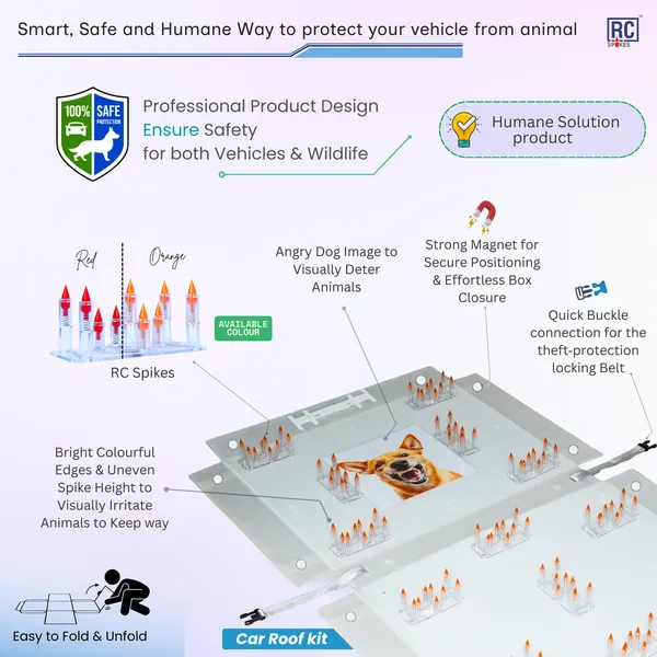 KIA_CLAVIS_Orange_Car_Protection_Spikes_|_Smart,_Safe_&_Humane_way_to_Deter_Animals_|_Roof_&_Bonnet_Protection_from_Dogs_&_Monkeys_|_Magnetic_Holding_&_Box_Closure_|_Anti-Theft_&_Scratch_Protection_|_Foldable_In-Built_Plastic_Box