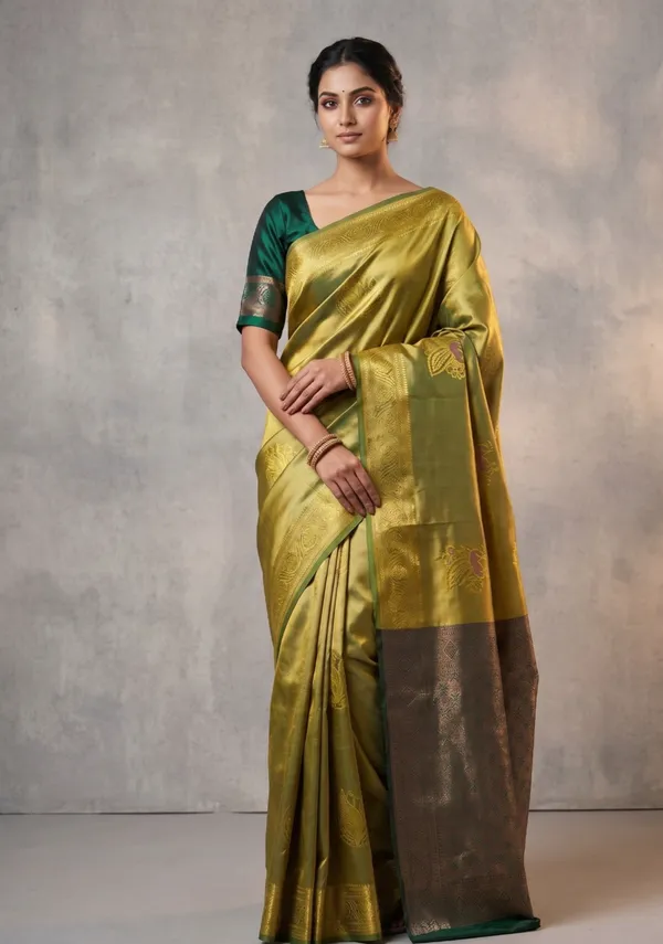 Honey_Gold_and_Dark_Green_Peacock_Design_Saree_For_Women_With_Matching_Blouse_Piece