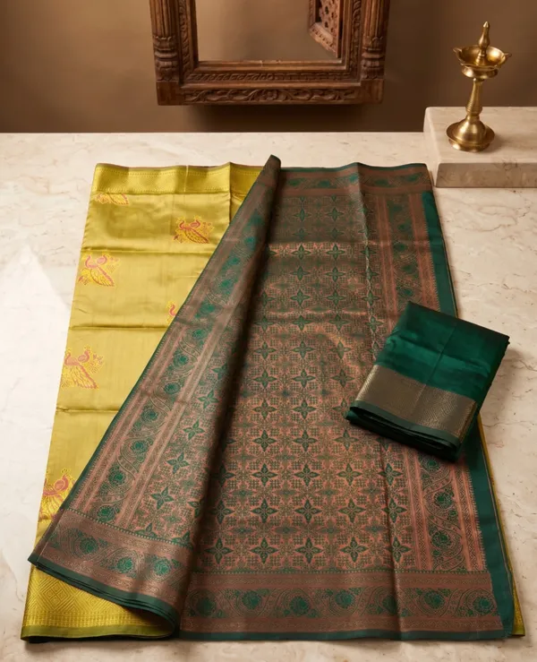 Honey_Gold_and_Dark_Green_Peacock_Design_Saree_For_Women_With_Matching_Blouse_Piece