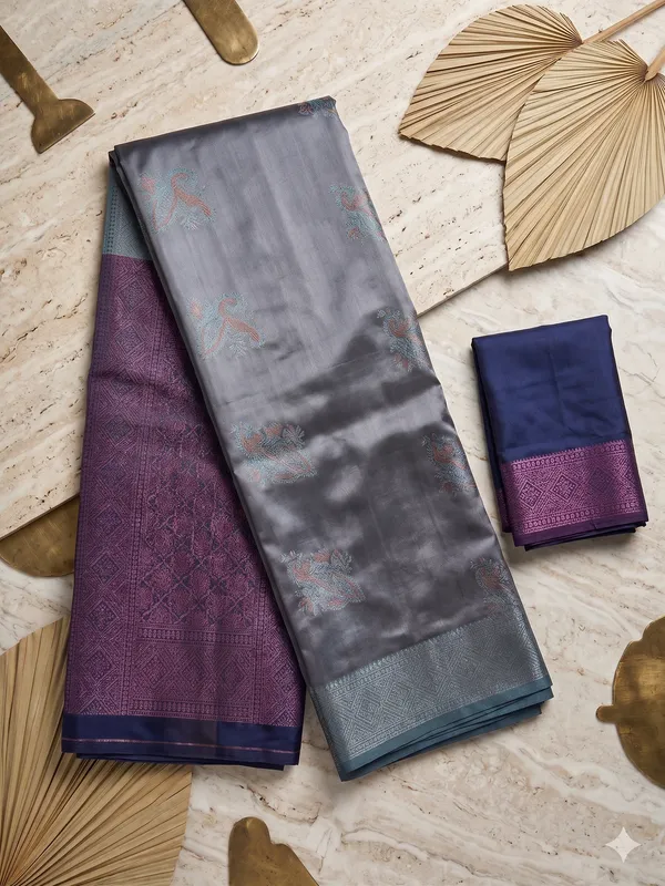 Bluish_Grey_and_Violet_with_Leaf_Design_Saree_With_Matching_Blouse_Piece
