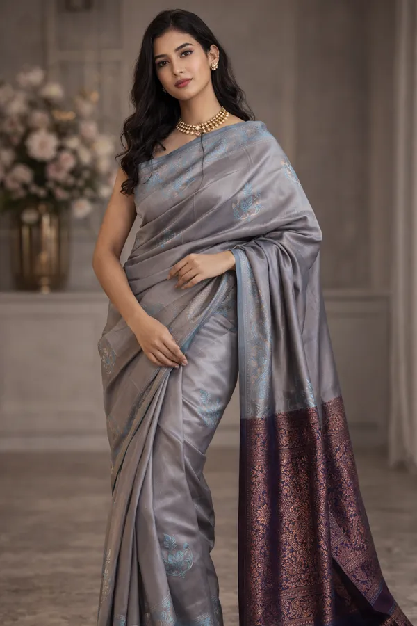 Bluish_Grey_and_Violet_with_Leaf_Design_Saree_With_Matching_Blouse_Piece