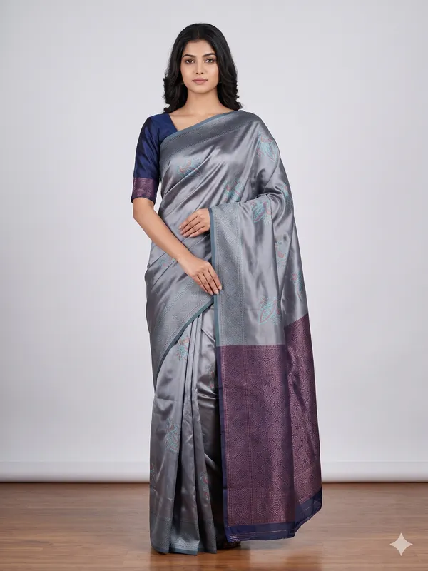 Bluish_Grey_and_Violet_with_Leaf_Design_Saree_With_Matching_Blouse_Piece