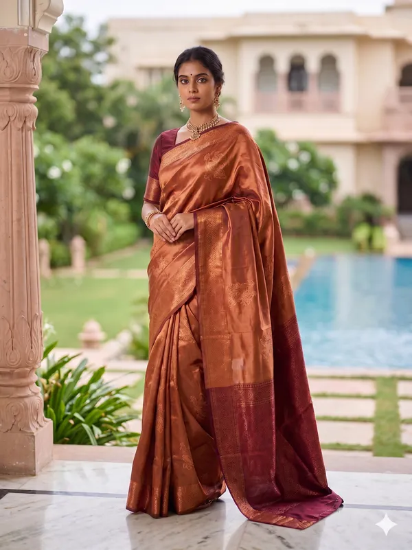 Burnt_Orange_and_Maroon_Peacock_Design_Saree_For_Women_With_Matching_Blouse_Piece