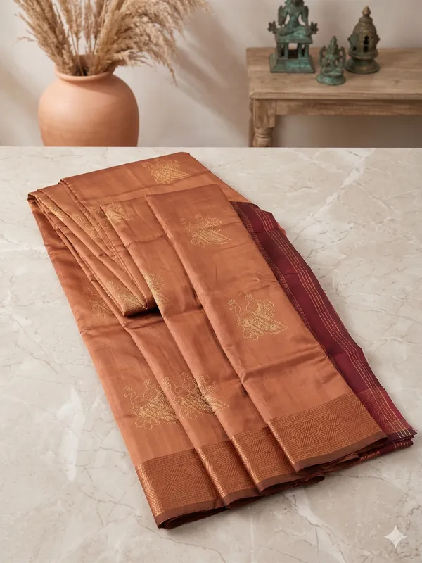 Burnt_Orange_and_Maroon_Peacock_Design_Saree_For_Women_With_Matching_Blouse_Piece