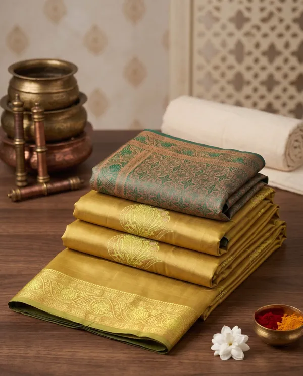 Honey_Gold_and_Dark_Green_Leaf_Design_Saree_For_Women_With_Matching_Blouse_Piece