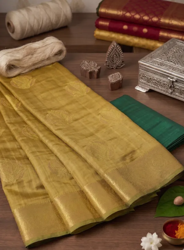 Honey_Gold_and_Dark_Green_Leaf_Design_Saree_For_Women_With_Matching_Blouse_Piece