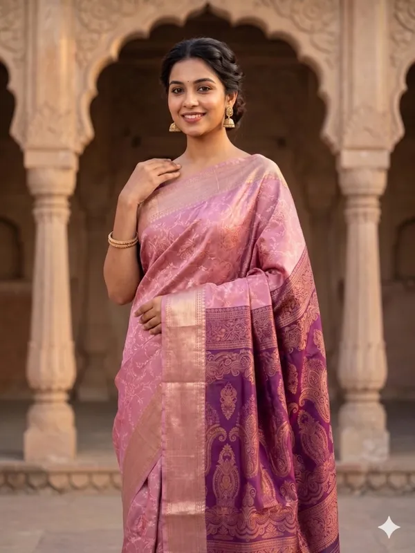Light_Pink_And_Purple_Silk_Saree_For_Women_With_Matching_Blouse_Piece