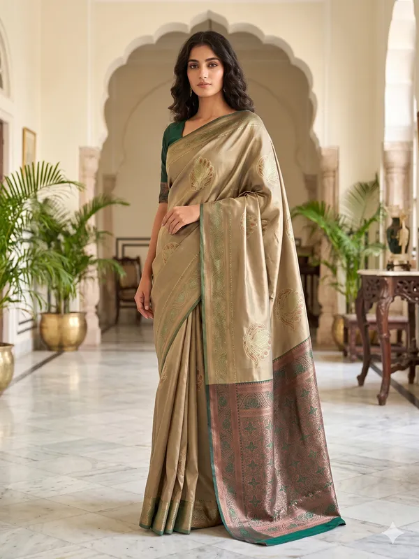 Olive_Gold_and_Dark_Green_Peacock_Design__Saree_With_Matching_Blouse_Piece