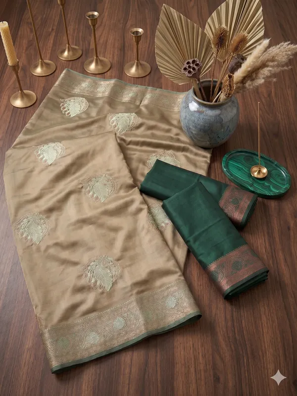 Olive_Gold_and_Dark_Green_Peacock_Design__Saree_With_Matching_Blouse_Piece