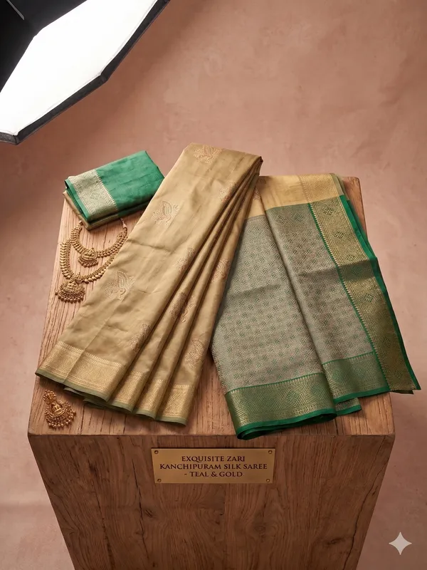 Olive_Gold_and_Dark_Green_Peacock_Design__Saree_With_Matching_Blouse_Piece