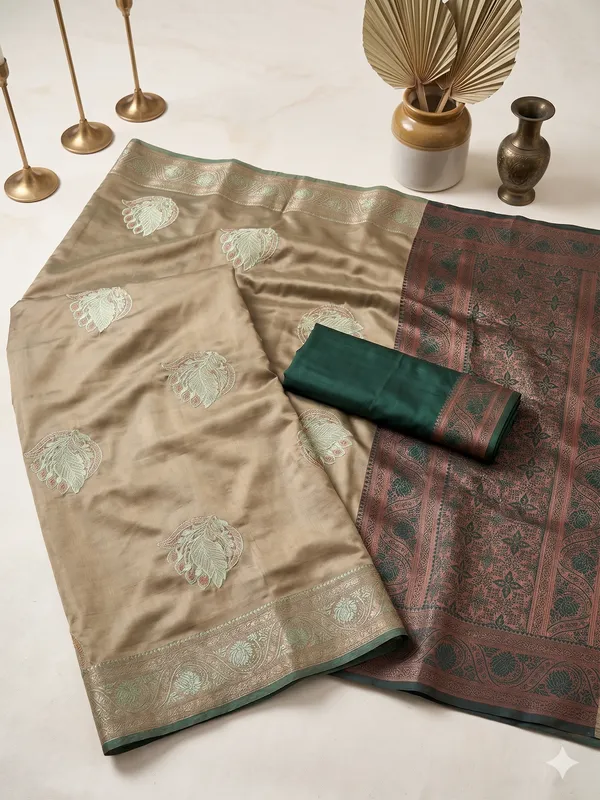 Olive_Gold_and_Dark_Green_Peacock_Design__Saree_With_Matching_Blouse_Piece