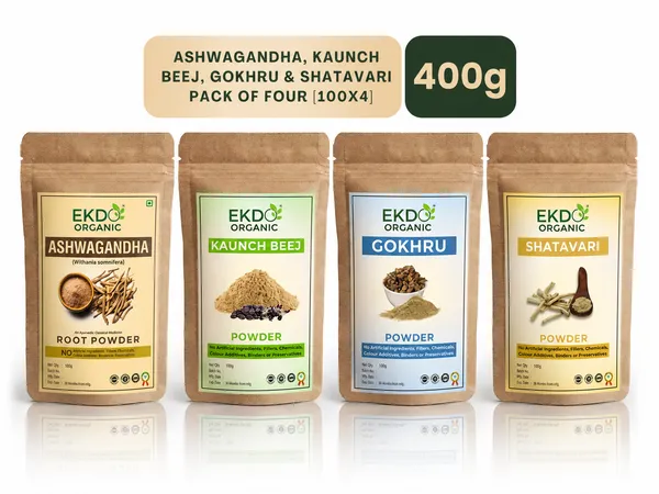 EKDO_Organic_Ayurvedic_Herbal_Powder_Combo_–_Ashwagandha,_Kaunch_Beej,_Gokhru_&_Shatavari_|_Pack_of_4_|_100g_Each_|_Total_400G