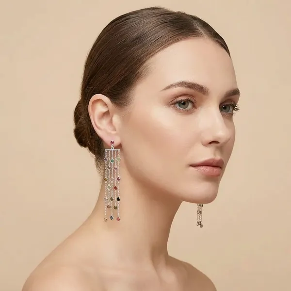 925_Silver_Jewellery_Multicolor_Gemstone_Elegant_Multi_Strand_Dangling_Earrings_For_Women