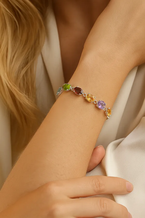 925_Silver_Jewellery_Multicolor_Gemstone_Oval_Stone_Tennis_Bracelet_For_Women