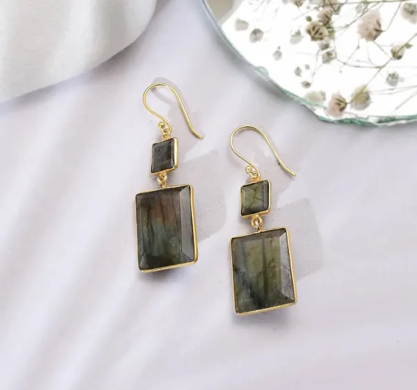 925_Silver_Jewellery_Grey_Labradorite_Gold_Frame_Double_Stone_Drop_Earrings_For_Women