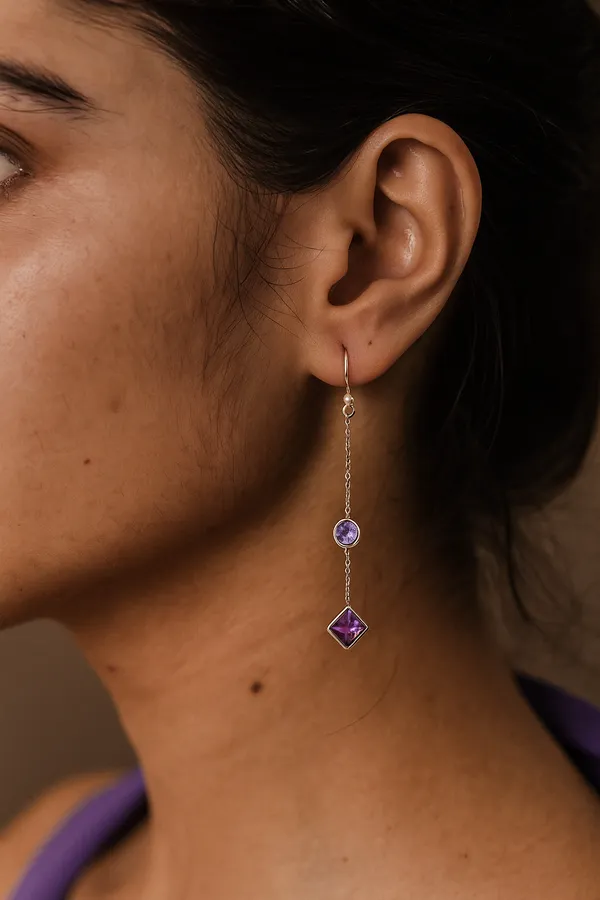 925_Silver_Jewellery_Purple_Gemstone_Chain_Dangle_Drop_Earrings_For_Women