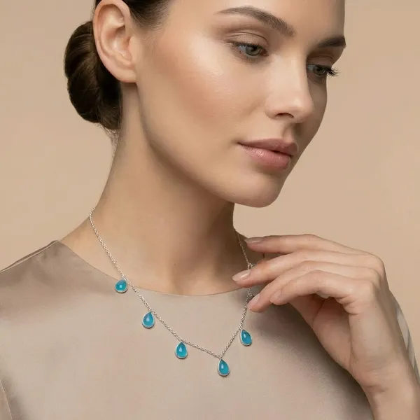 925_Silver_Jewellery_Blue_Calcidonia_Teardrop_Silver_Chain_Charm_Necklace_For_Women