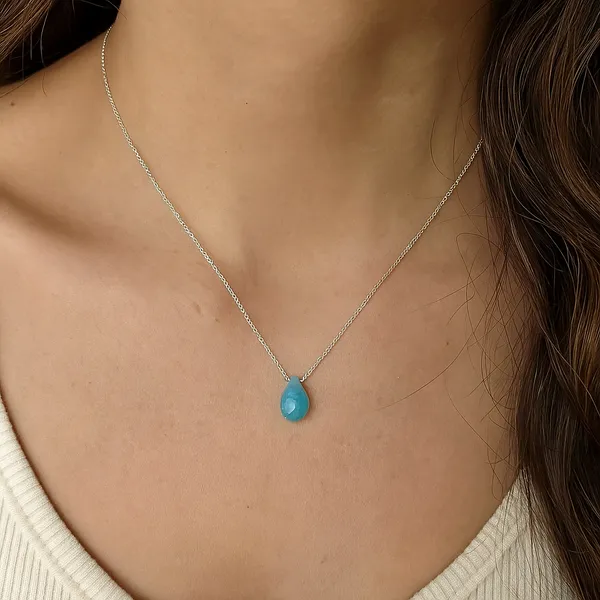 925_Silver_Jewellery_Blue_Turquoise_Chain_Teardrop_Pendant_Necklace_For_Women