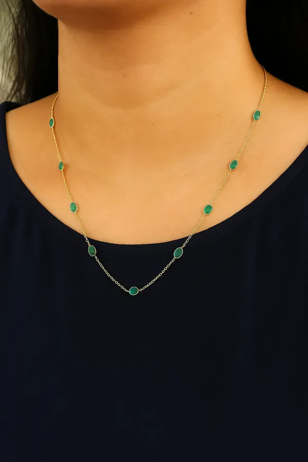 925_Silver_Jewellery_Green_Emerald_Gold_Tone_Chain_Necklace_For_Women