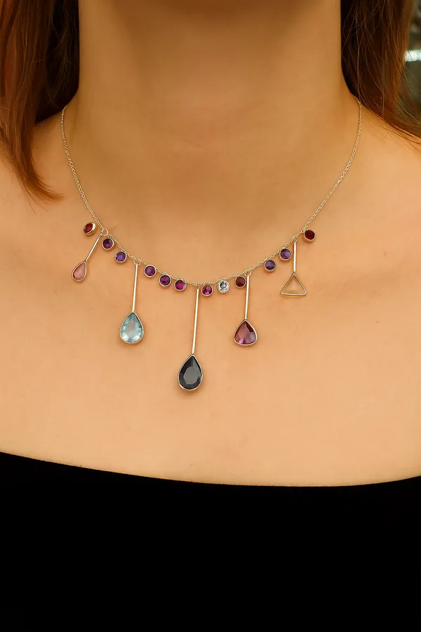 925_Silver_Jewellery_Multicolor_Gemstone_Geometric_Wire_Statement_Necklace_For_Women