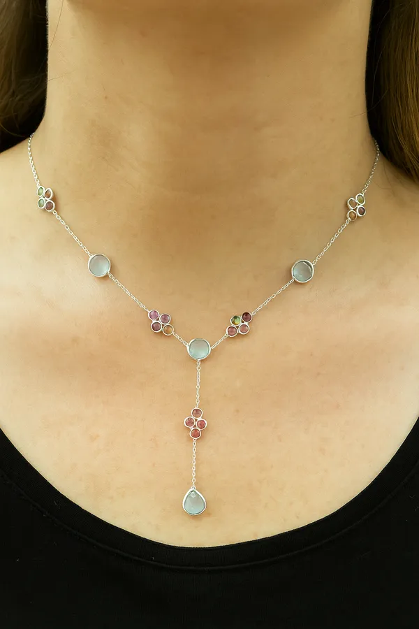 925_Silver_Jewellery_Blue_Topaz_Tourmaline_Flower_Necklace_For_Women